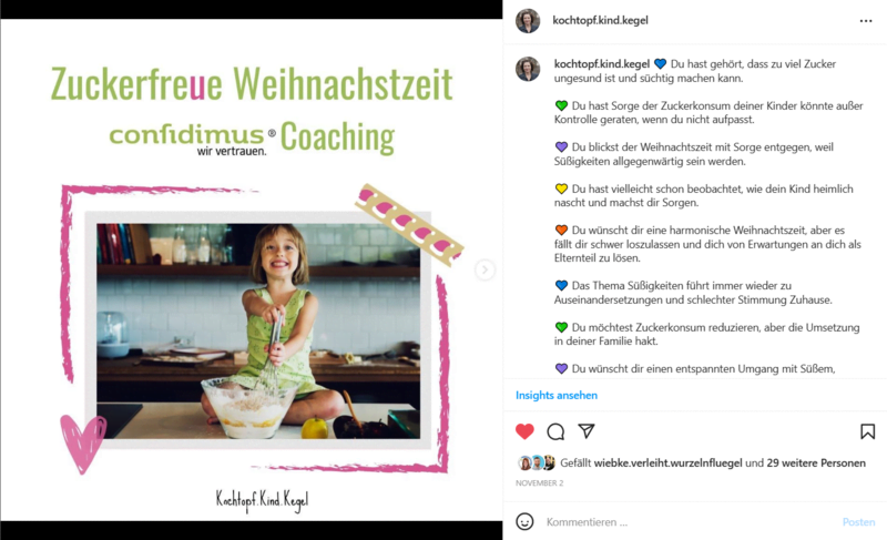 Screenshot Instagram Post kochtopf.kind.kegel zum Angebot zuckerfreue Weihnachstzeit