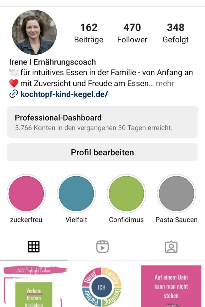 Screenshot Instagram Profil Kochtopf.Kind.Kegel mit 162 Beiträgen, 470 Follower und letzten Posts
