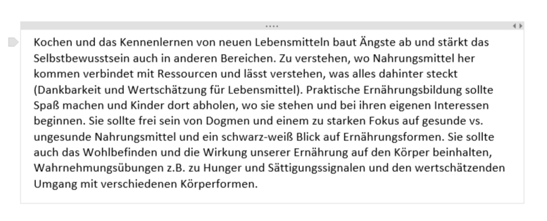 Screenshot von Notizen zur Reflexion über praktische Ernährungsbildung